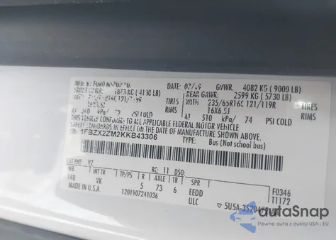 2019 Ford Transit-350 Xl из США, поврежденный, VIN 1FBZX2ZM2KKB43306